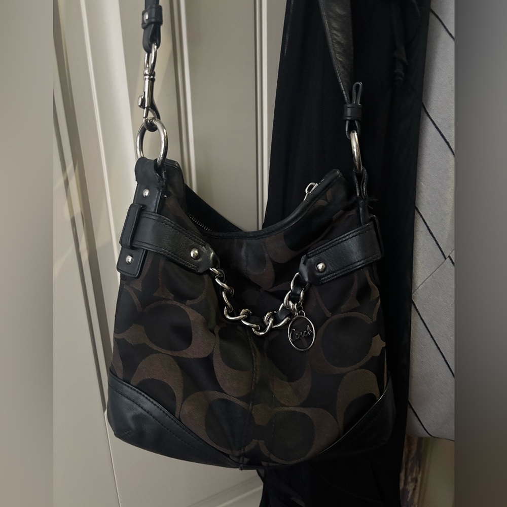 Coach Brown and Black Signature Crossbody with Chain Accent Y2K Vintage